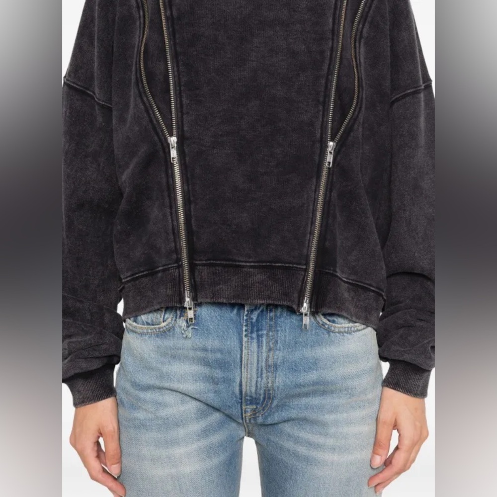 R13 Zippered Crewneck Sweatshirt in Washed Black - size M - Picture 4 of 12